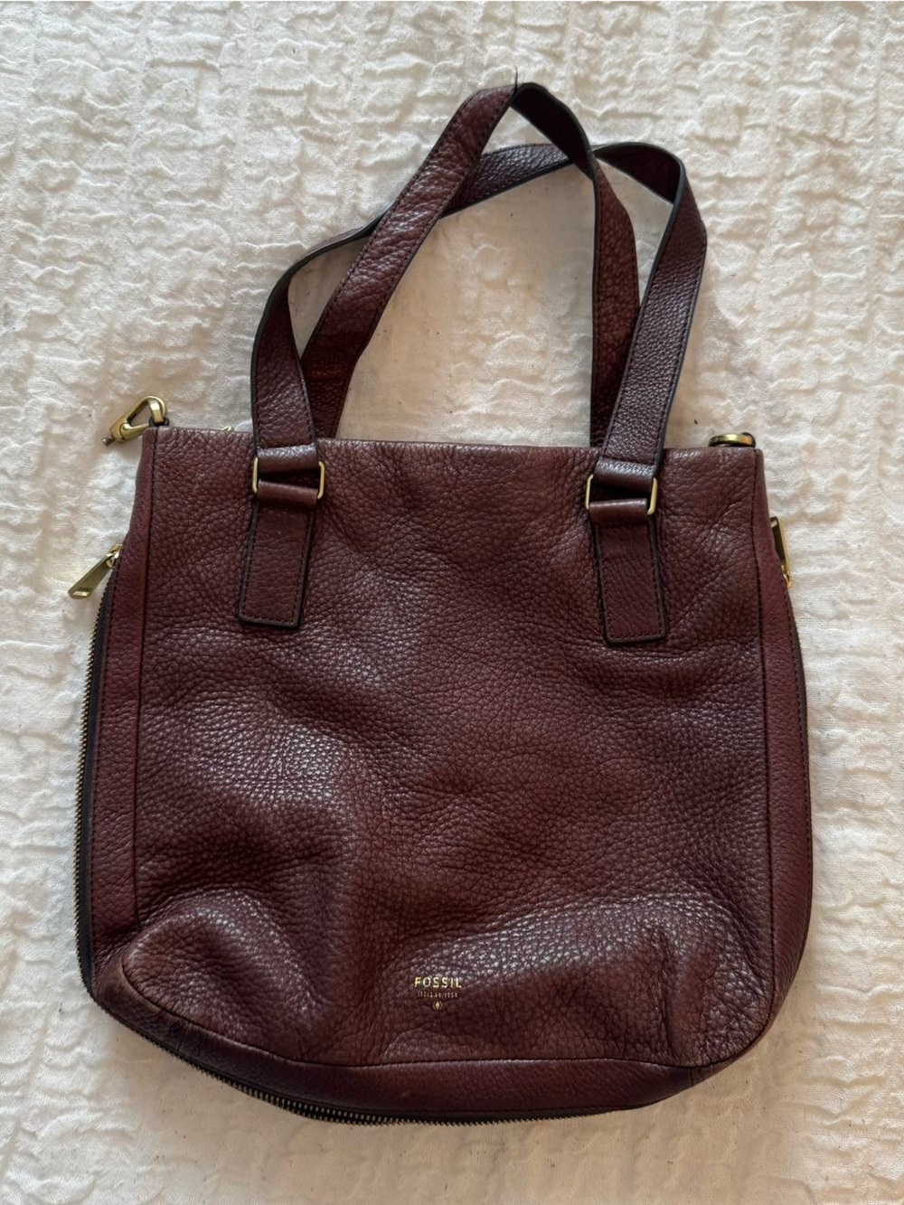 Fossil Pebbled Leather Tote in Deep Brown